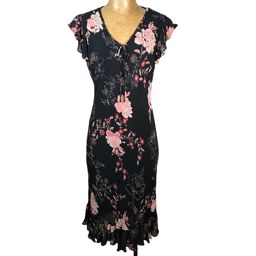 Eva Blue Y2K Floral Midi Dress Black Pink Rayon Ruffle V-Neck Size 10 Fairy
